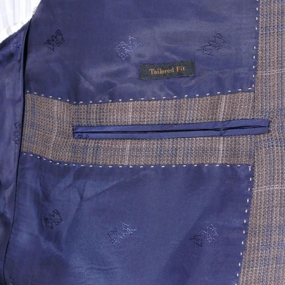 Jos A Bank Reserve Sport Coat Blazer Men 48R Tailored Brown Blue Plaid Wool Silk